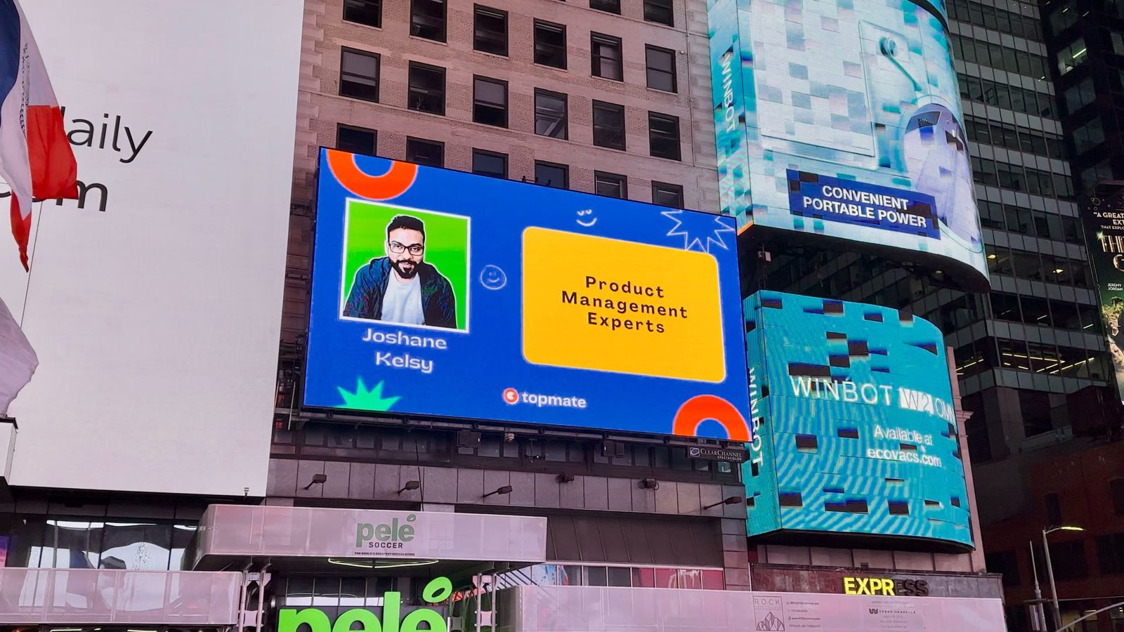 Joshane Kelsy featured on New York Times Square billboard via Topmate